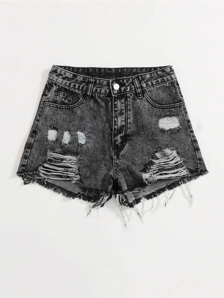 Shorts Denim Frayed - Damskie szorty jeansowe z efektem sprania,