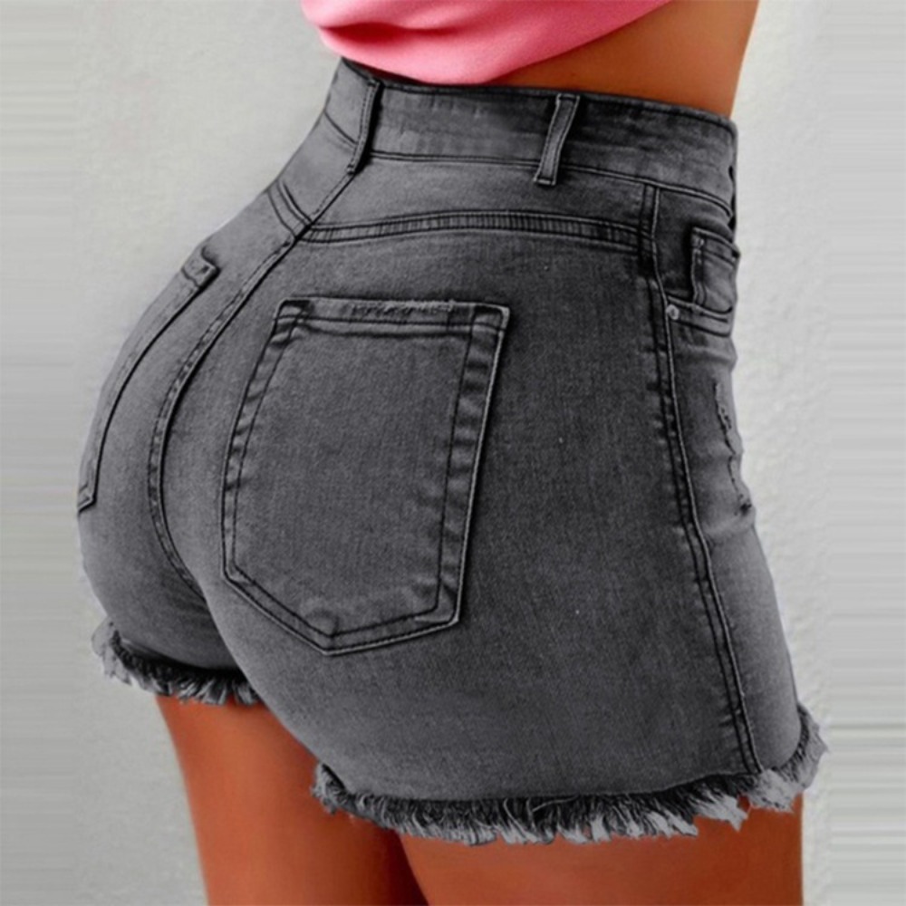 Shorts Denim Frayed - Damskie szorty jeansowe z wysokim stanem