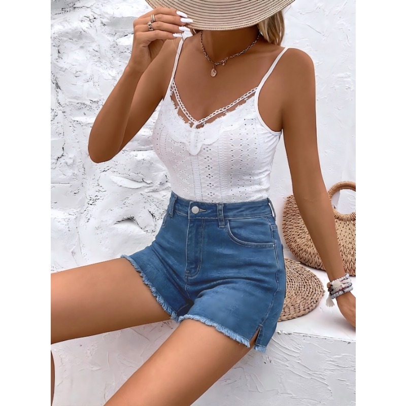 Shorts Denim Frayed - Damskie szorty jeansowe z wysokim stanem,