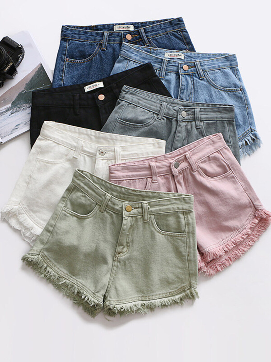 Shorts Denim Frayed - Damskie dżinsowe szorty z wysokim stanem,