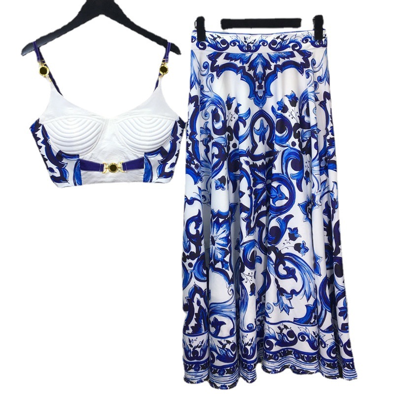 Romper Floral Print - Letni Bohemain niebiesko-biały porcelanowy zestaw 2-częściowy