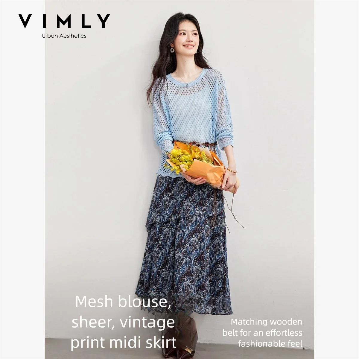Midi Skirt Floral - VIMLY Damski Zestaw Dwuczęściowy 2026 Jesienna