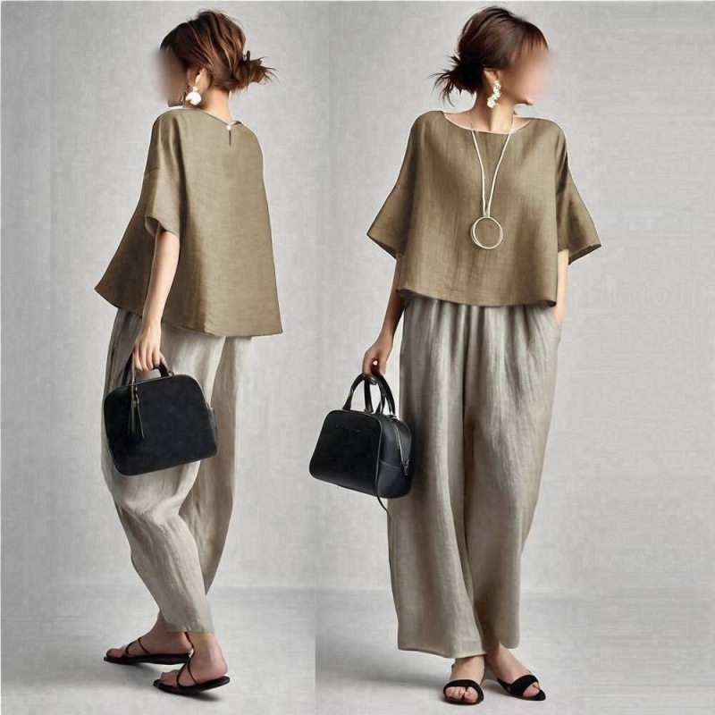 Linen Pant Wide - Damskie komplety spodniowe dwuczęściowe, gładkie, z