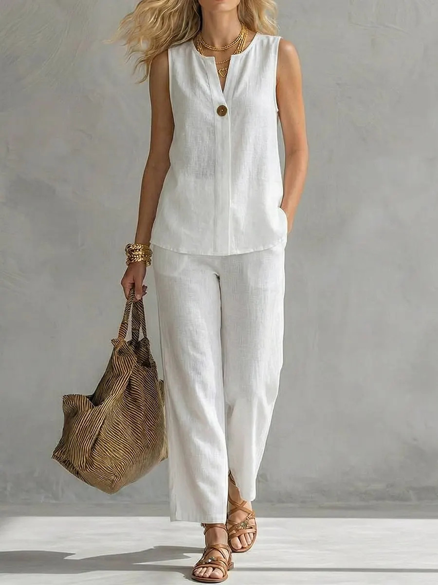 Dwuczęściowy lniany komplet be – Linen Pant Wide recenzja i cena